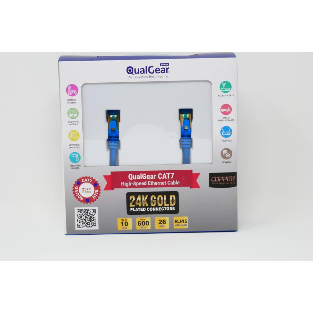 QualGear Ethernet Cable Length 25 ft. 26 AWG 10 Gbps Gold Plated Contacts RJ4599.99% OFC Copper Blue QG-CAT7R-25FT-BLU