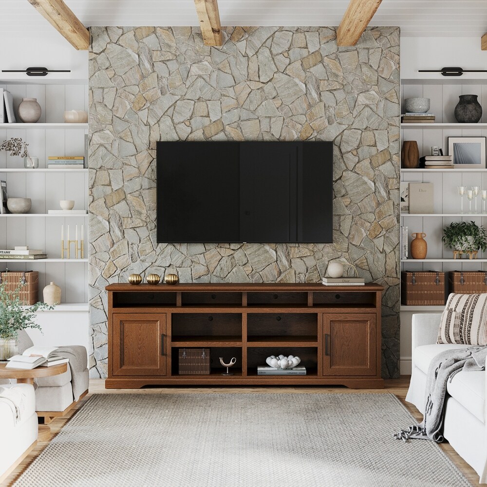 Bridgevine Home Cheyenne 86 Inch TV Stand Console  for TVs up to 95 inches  No Assembly Required  Bourbon Oak Finish