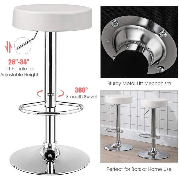 Set of 2 Adjustable Round PU Leather Swivel Barstool with Chrome Footrest-White - 14