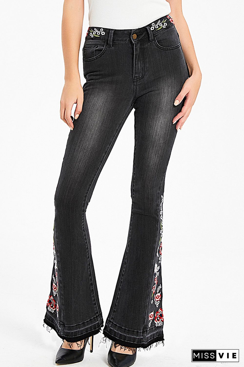 Black Bleach Embroidered Side Bell Bottom Flared Jeans Wholesale Boutique