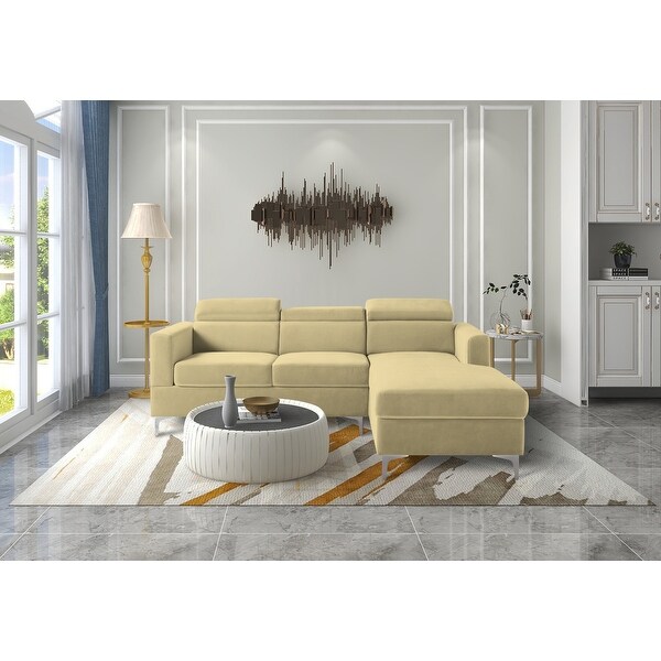 3 Seat Velvet Upholstered Sectional Sofa Adjustable Headrests with 6 Angle， Sofa and Chaise with Right Chaise and Metal Legs