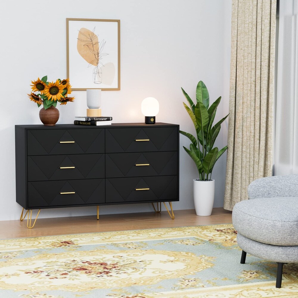 Black Dresser for Bedroom  Modern Dresser for Bedroom  6 Drawer Double Dresser with Drawers and Metal Handles  Wood Dressers