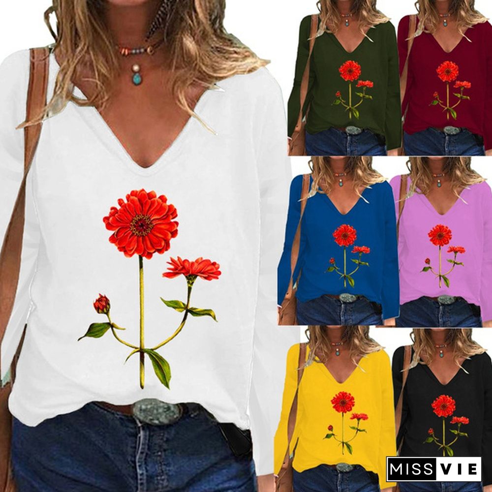 Women's New Spring/autumn Fashion Flowers Printed T-shirt Casual Long Sleeve Deep V-neck Tee Solid Color Pullover Blouse Tops