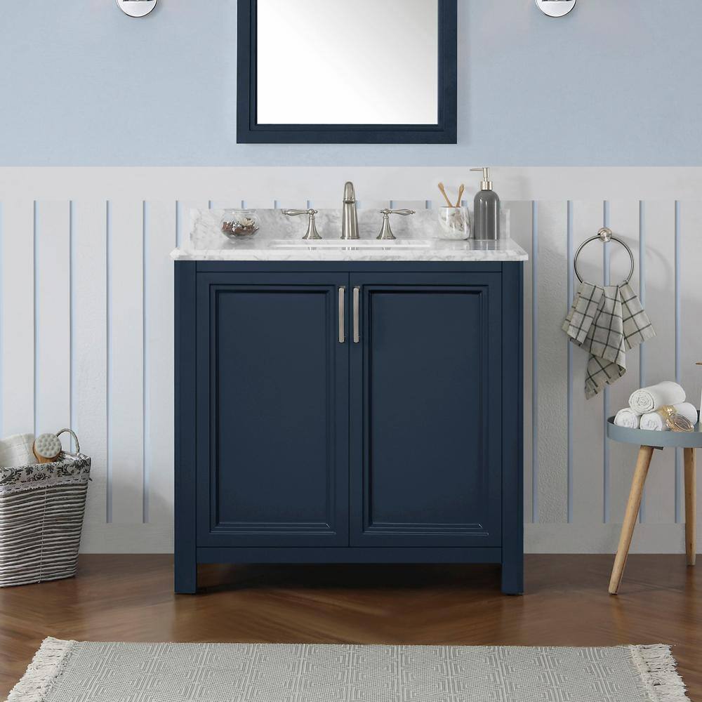 Home Decorators Collection Sandon 36 in. W x 22 in. D x 34.5 in. H Single Sink Bath Vanity in Midnight Blue with White Carrara Marble Top Sandon 36MB