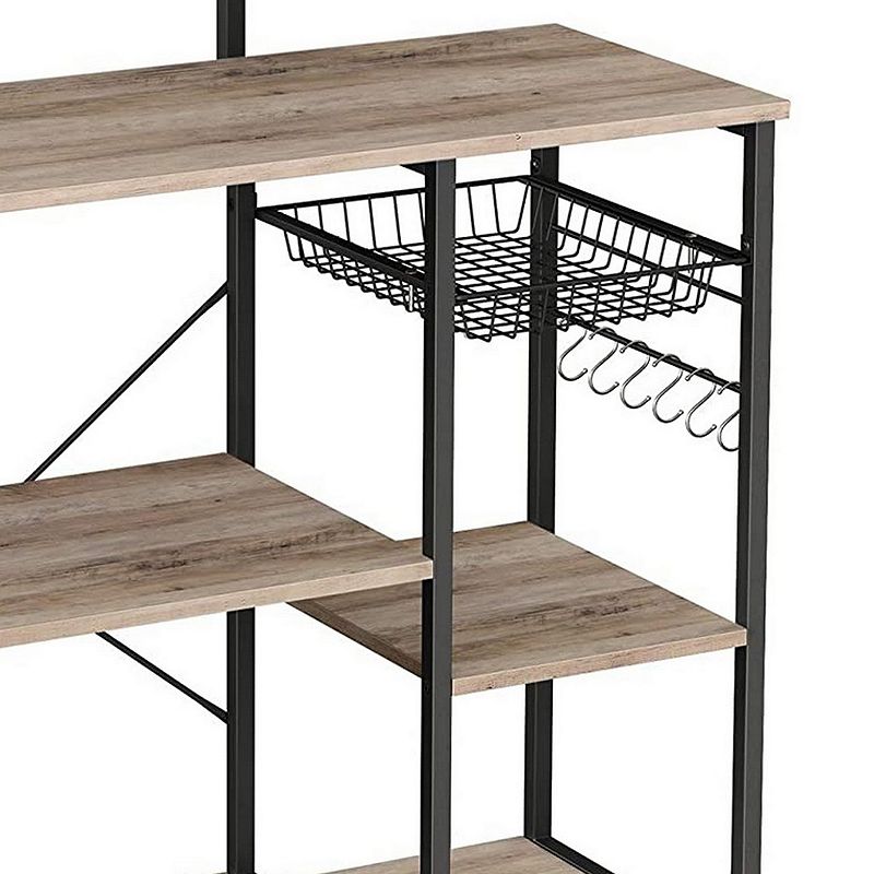 52 Inch Wood Bakers Rack， Kitchen Shelf， 6 Hooks， Workstation， Brown， Black