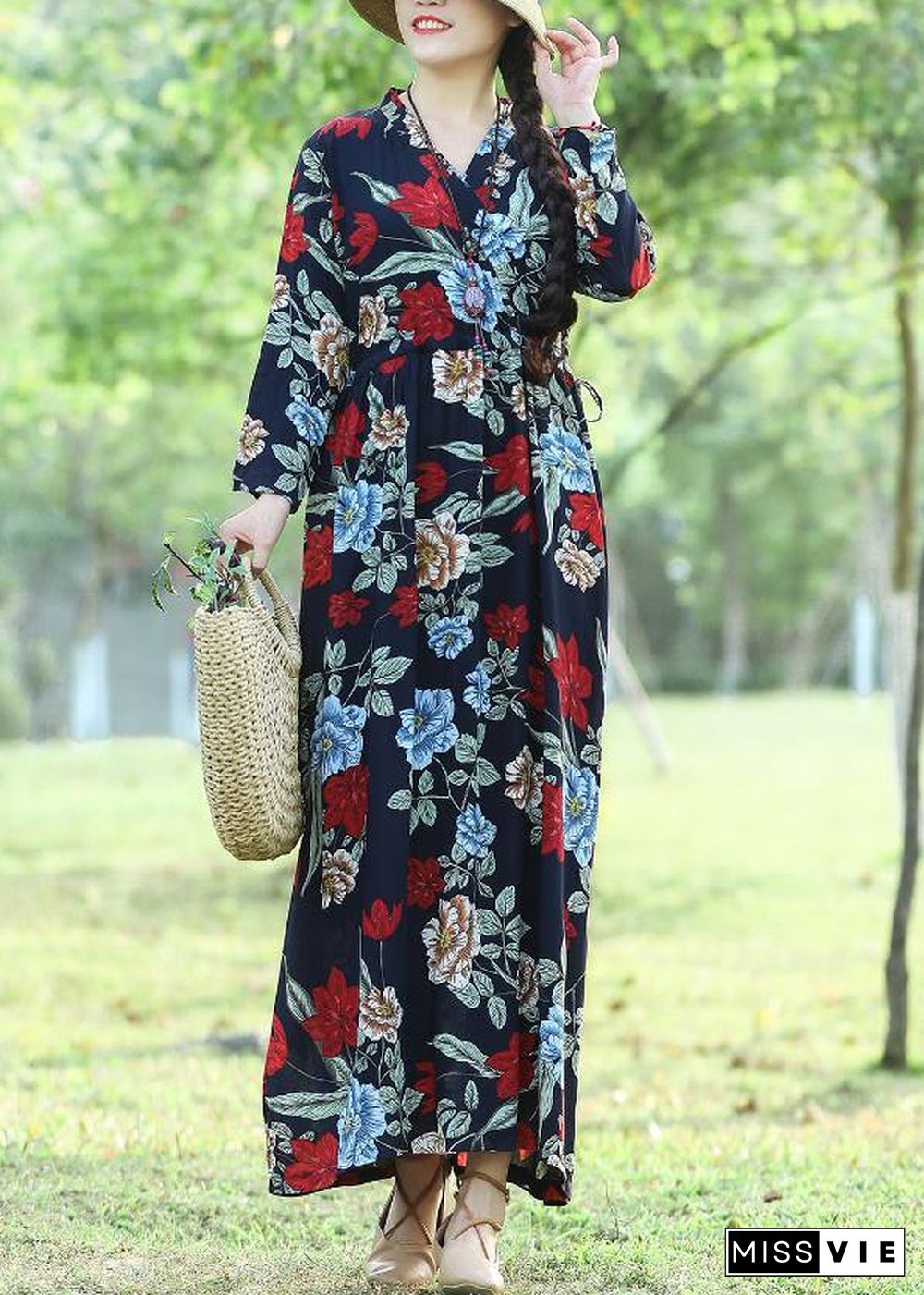 DIY blue cotton tunics for women Casual Shape prints cotton robes summer Dress