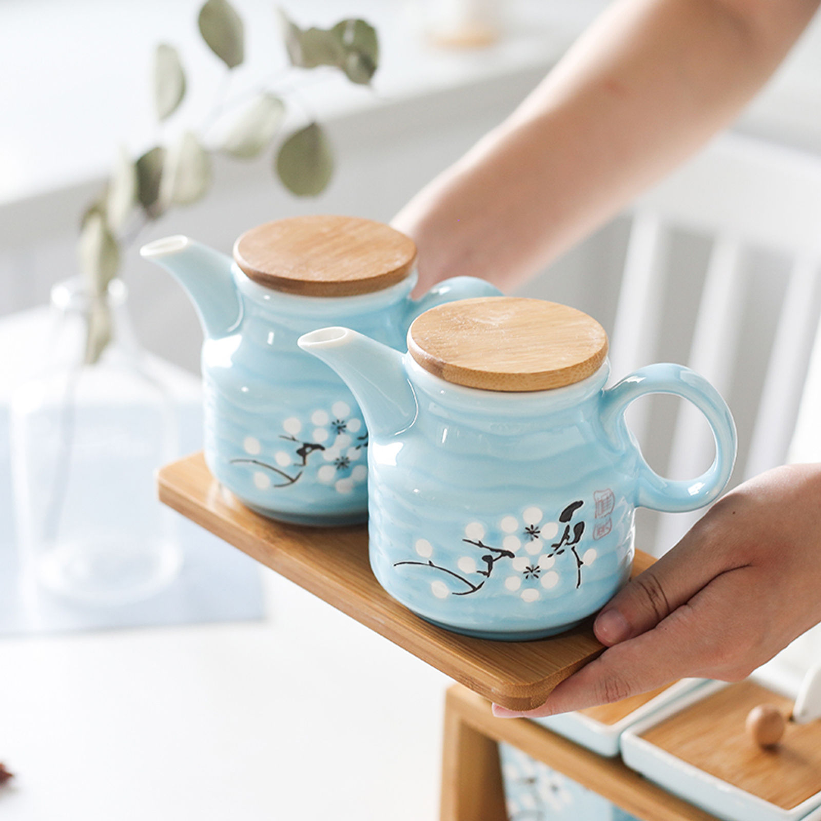 Plum Blossom Sugar Bowl With Lid And Spoon， Ceramic Sugar Pot， Sugar Container Spice Jar， Kitchen Decoration Storage-Light Blue-3 Set