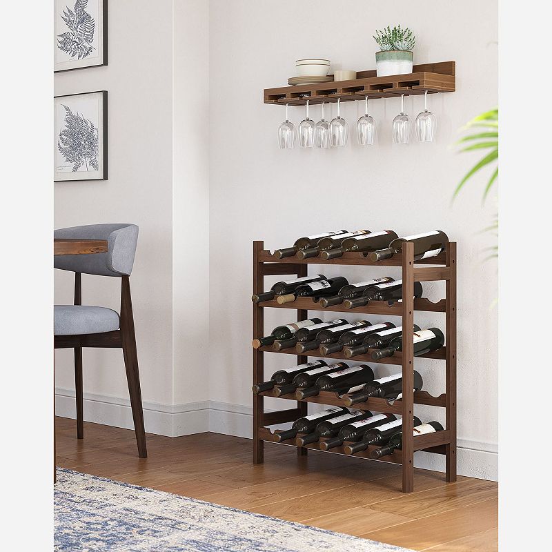 30-Bottle Wine Rack， 5-Tier Freestanding Floor Wicker Wine Holder， Display Stand Shelves， Wave Bars