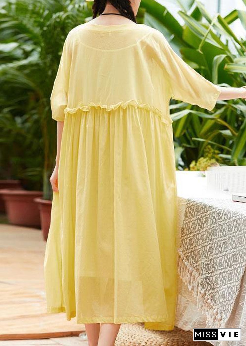 Handmade yellow cotton linen clothes o neck half sleeve Maxi summer Dresses