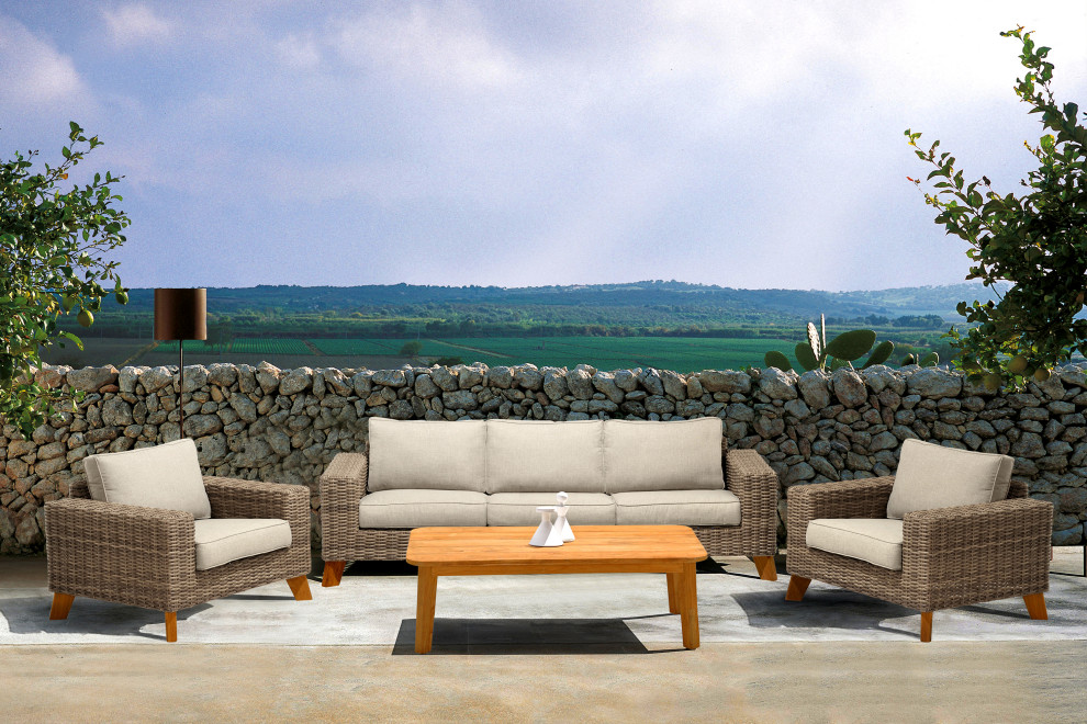 Bahamas Outdoor Wicker and Teak Wood Lounge Chair With Beige Olefin   Industrial   Coffee Table Sets   by HedgeApple  Houzz