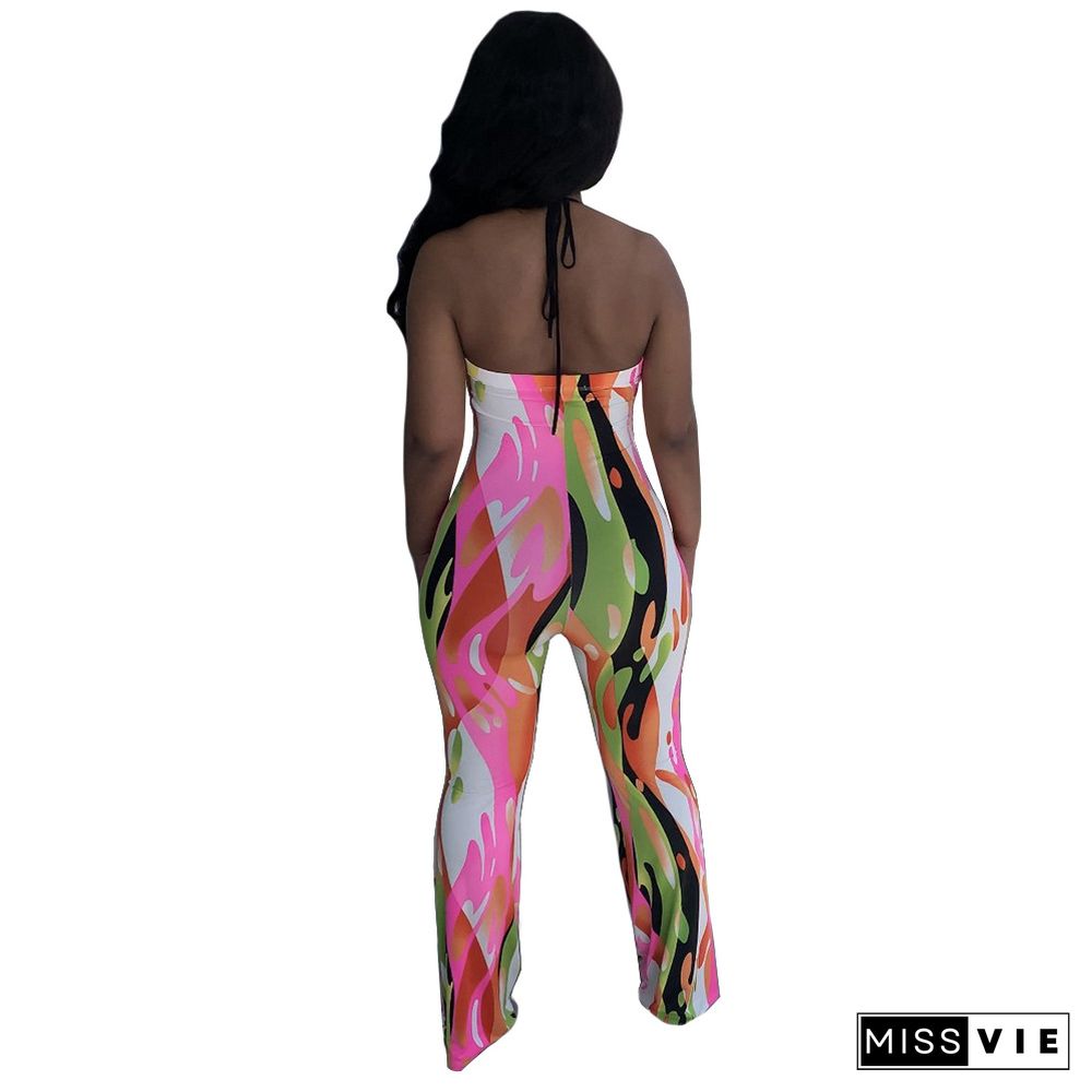 Elegant Printed Women Sleveeless Halter Hollow Out Party Clubwear Summer One Piece Wide Leg Jumpsuit