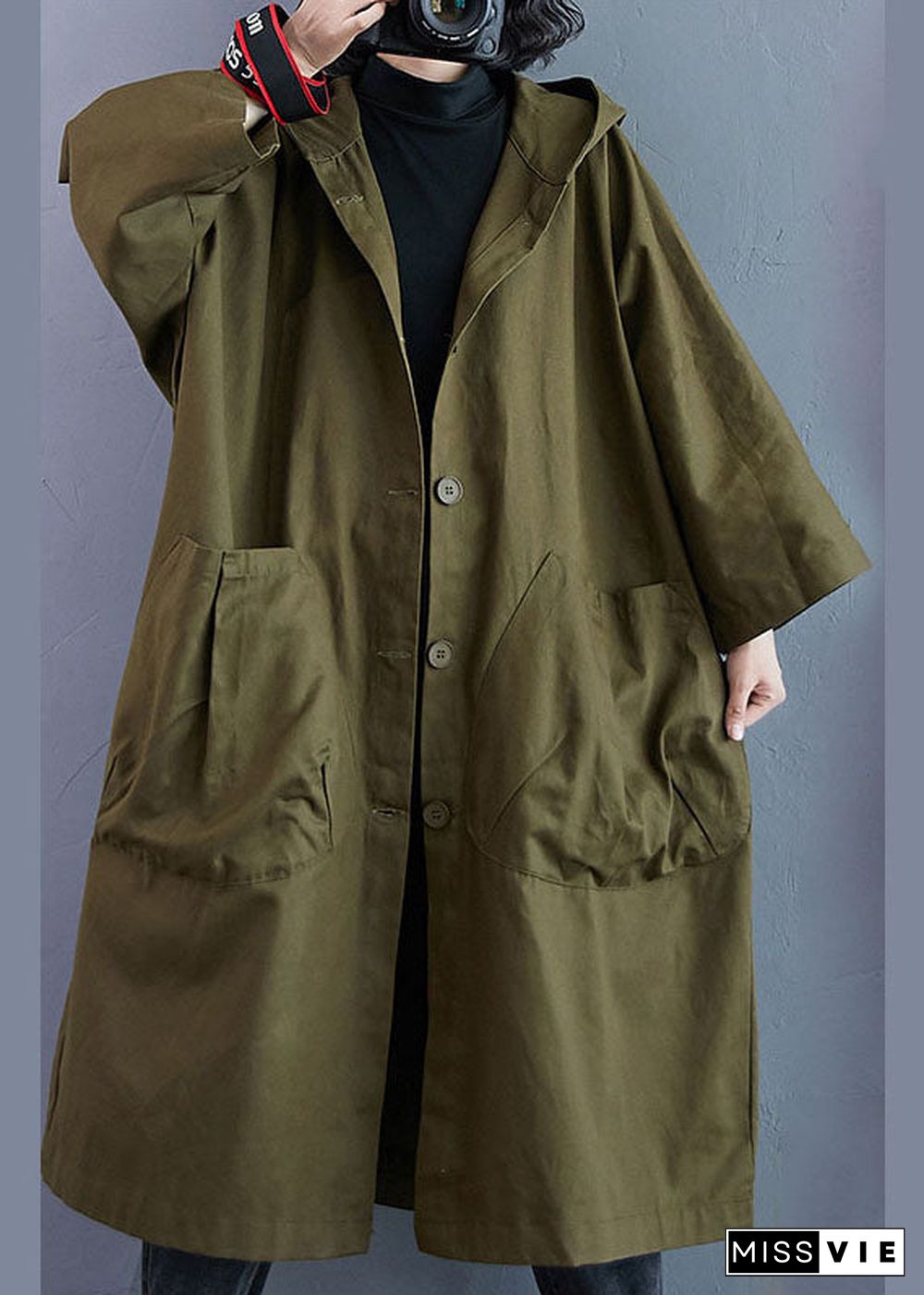 Elegant Army Green Pockets Button Fall Hooded Long sleeve Trench Coats