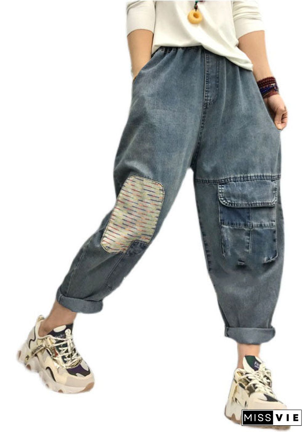 Bohemian Blue elastic waist patch applique denim Pants Spring