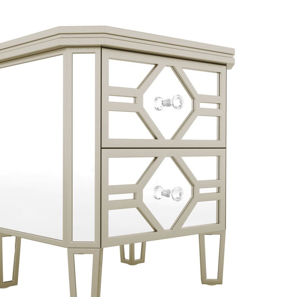 Silver Elegant Mirrored 2 Drawer Side Table with Golden Lines