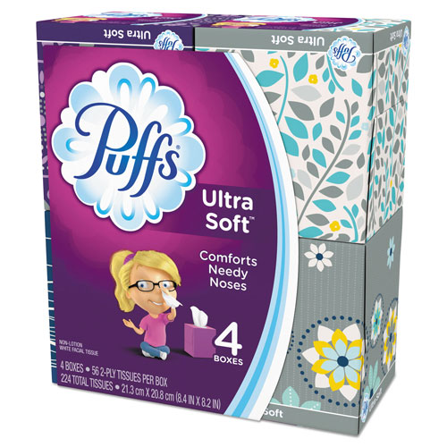 Procter and Gamble Puffs Ultra Soft Facial Tissue | White， 4 Cube Pack， 56 Sheets Per Cube， 6