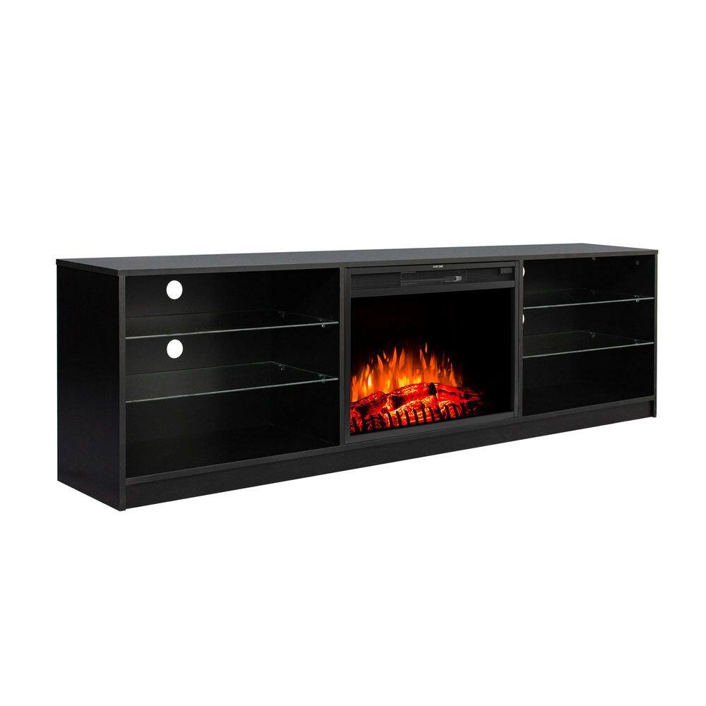 79 in. Black Modern Fireplace TV Stand with Open Shelf Fits TV's up to 70 in. with RGB Light D-W331S00042