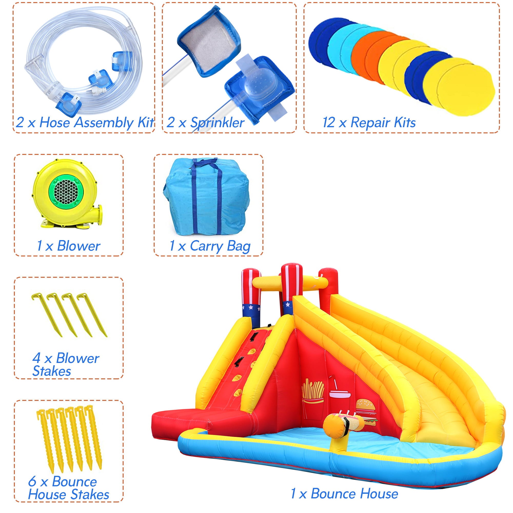 ametoys Inflatable Slide Backyard Park with Climbing Wall, Pool, Cannon, Heavy Duty Blower, Sprinkler, Stakes, Patches, Storage Bag for Outdoor Summer Fun