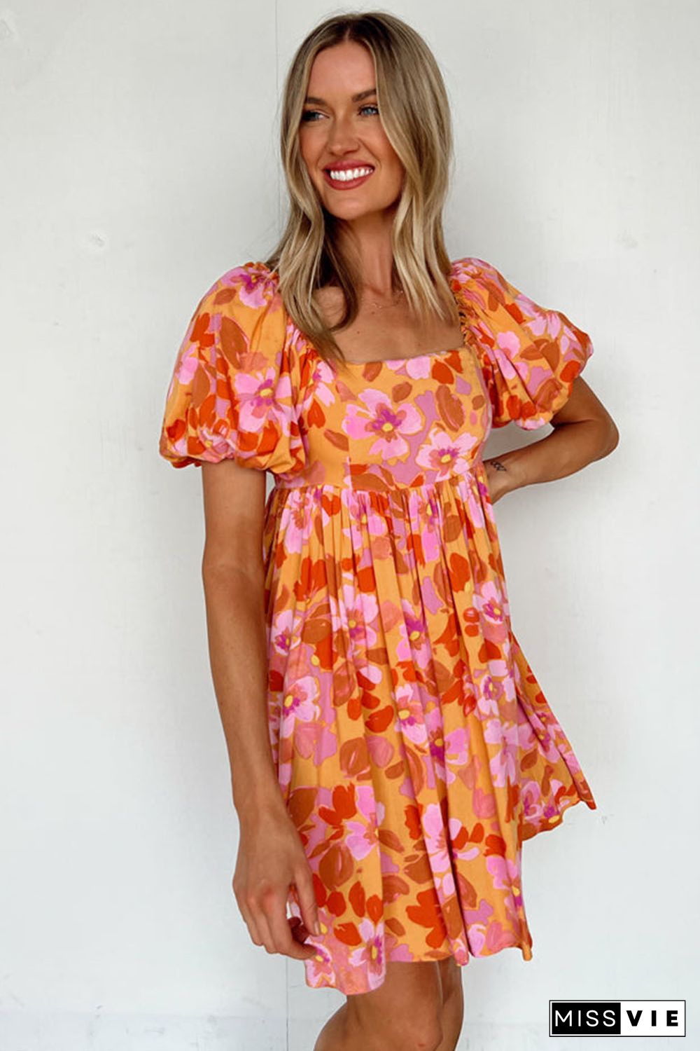 Orange Puff Sleeve Bow Knot Open Back Floral Mini Dress