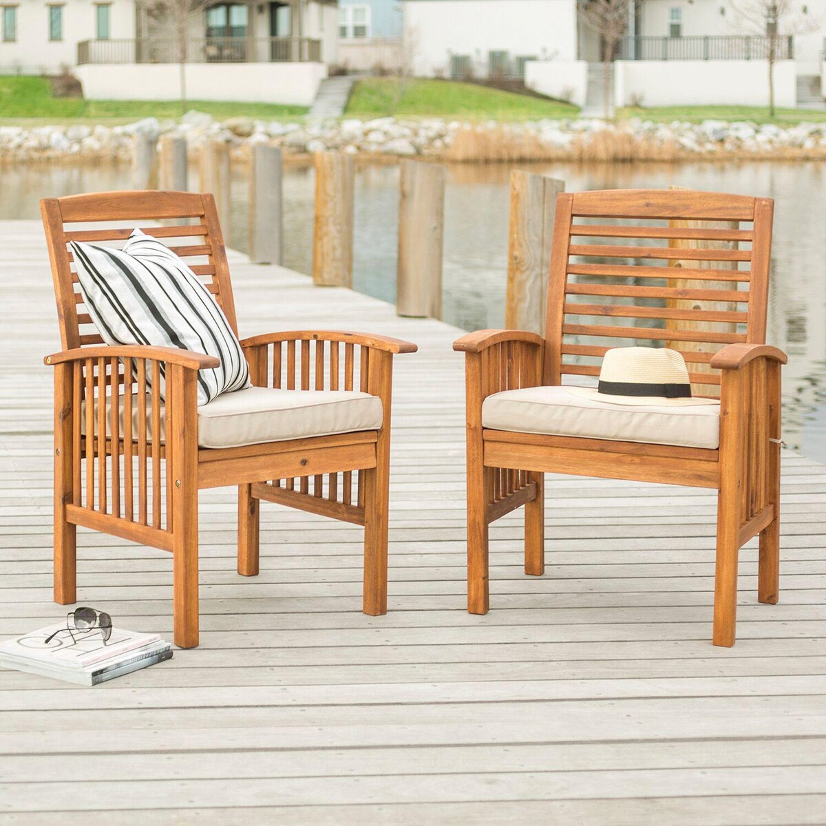 Ultimate Patio Horizon Way 2 Piece Brown Acacia Patio Dining Arm Chair Set W/ Natural Cushions