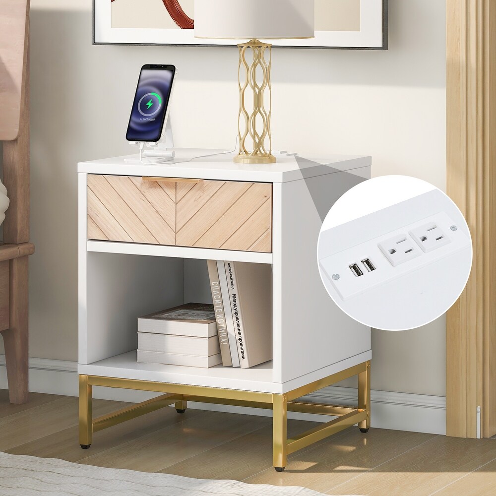 Nightstand with USB Charging Station  Modern End Table with Natural Wood Finish Drawer  Metal Leg and Handle