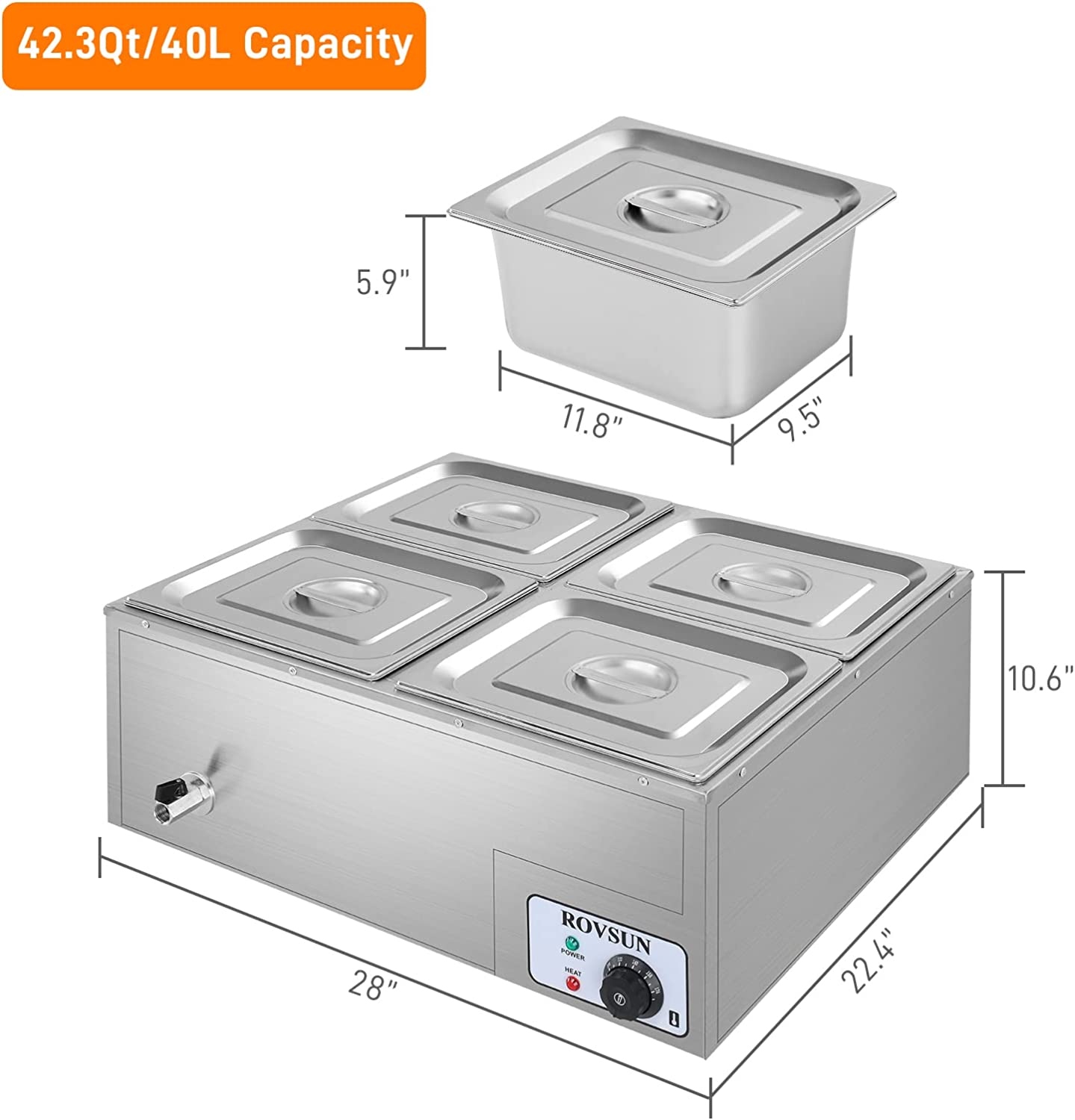 ROVSUN 42.3QT Electric Commercial Food Warmer， 4-Pan Stainless Steel Bain Marie Buffet Countertop 10.6 QT/Pan