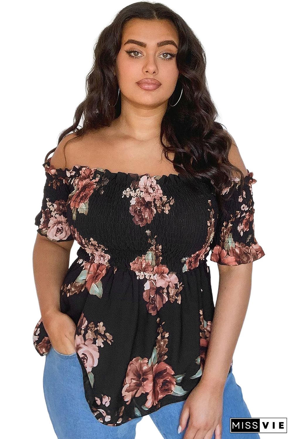 Black Floral Smocked Off Shoulder Plus Size Blouse