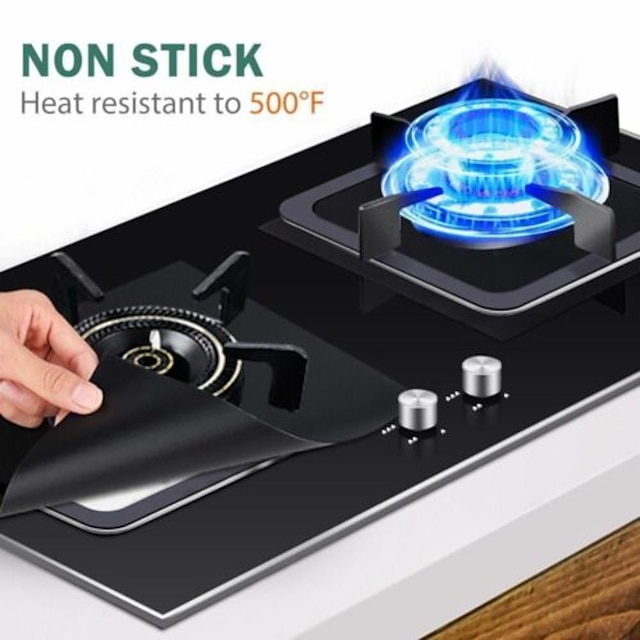 4pcs Reusable Gas Range Protector Gas Stove Burner Safe Non-Sticky and Easy to Clean Teflon Glass Fiber Black Protective Pad for Cleaning Kitchen Tools