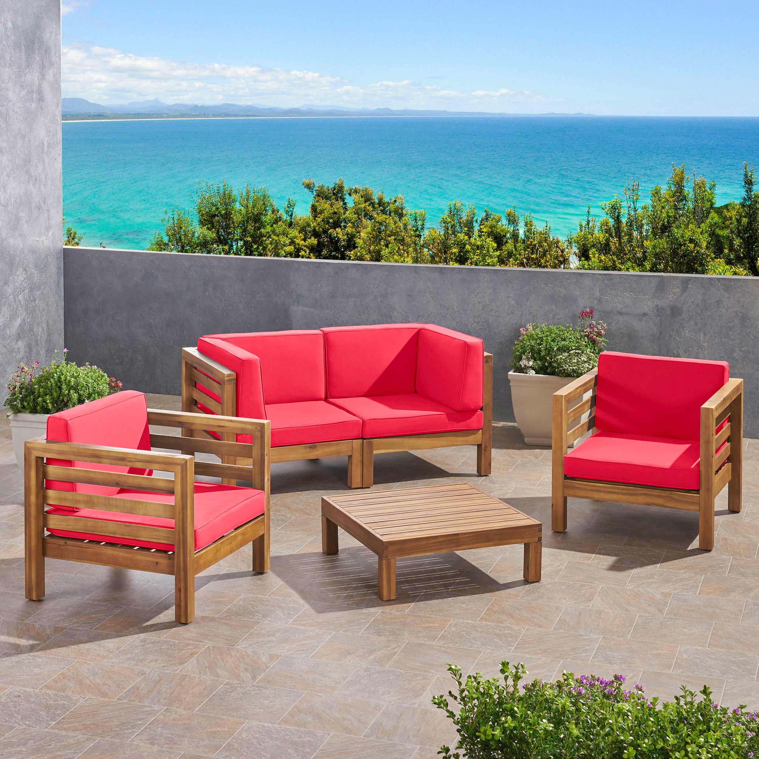 Emma Outdoor 4 Seater Acacia Wood Loveseat Chat Set