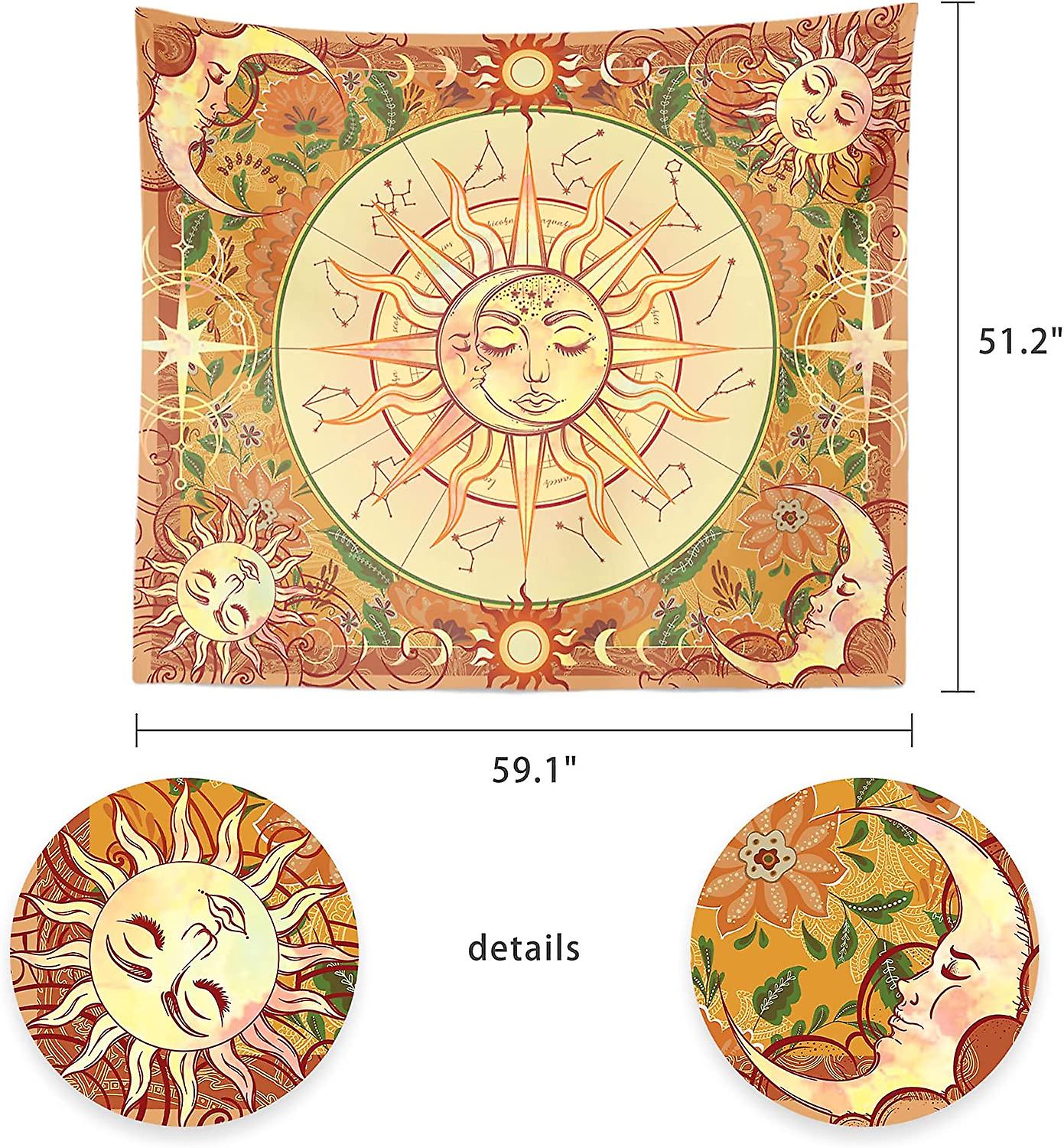 Vintage Tapestry Burning Sun Tapestries Pastel Mystic Tapestry Celestial Sun And Moon With Stars Tapestry Psychedelic Hippy Tie Dye Wall Hanging For P