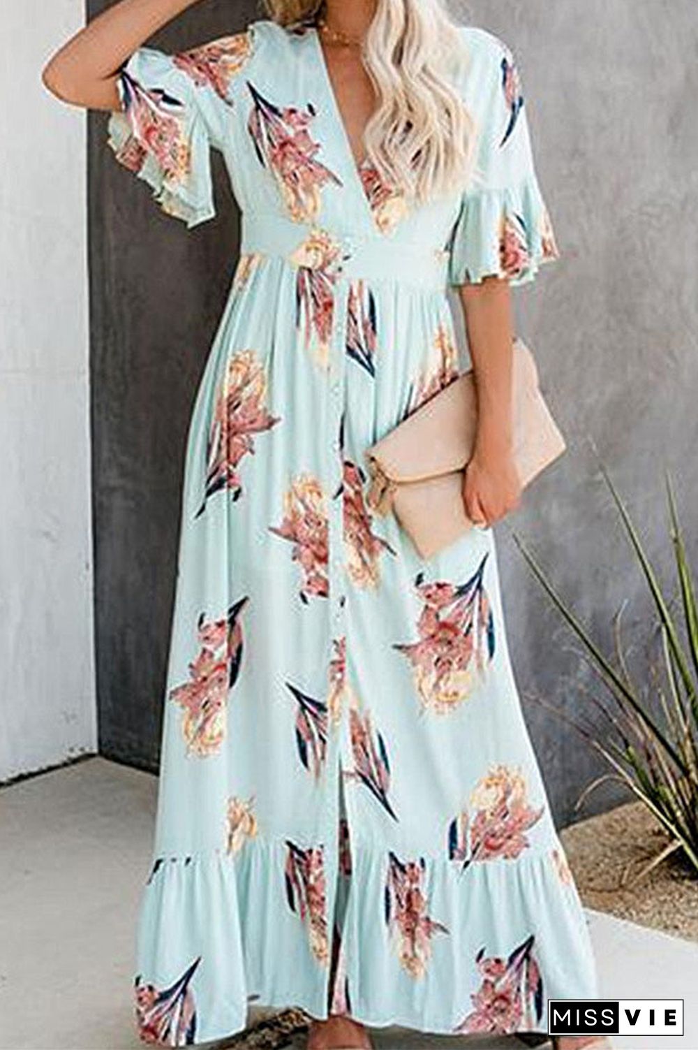 Ruffled V-neck Printed Maxi Dress