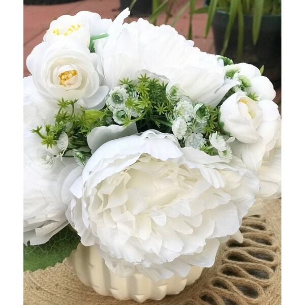 Enova Home Artificial Silk Peony Mixed Fake Flowers Arrangement with White Ceramic Vase for Home Garden Decoration