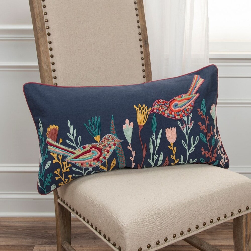 Rizzy Home Navy Blue Multi colored Floral and Birds Throw Pillow