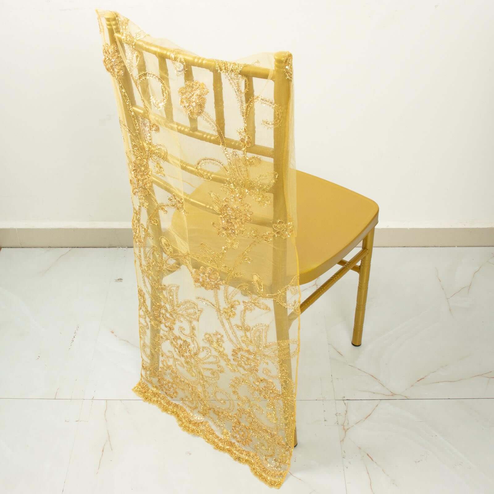 Gold Organza Floral Sequin Embroidered Wedding Chiavari Slipcover, Wedding Chair Back Lace Cover