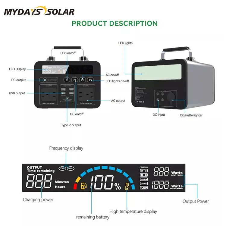 Mydays Tech QC3.0 PD60 Fast Charge LED Light 300W 500W 1000W Portable Power Station for Outdoor Camping Hiking Traveling