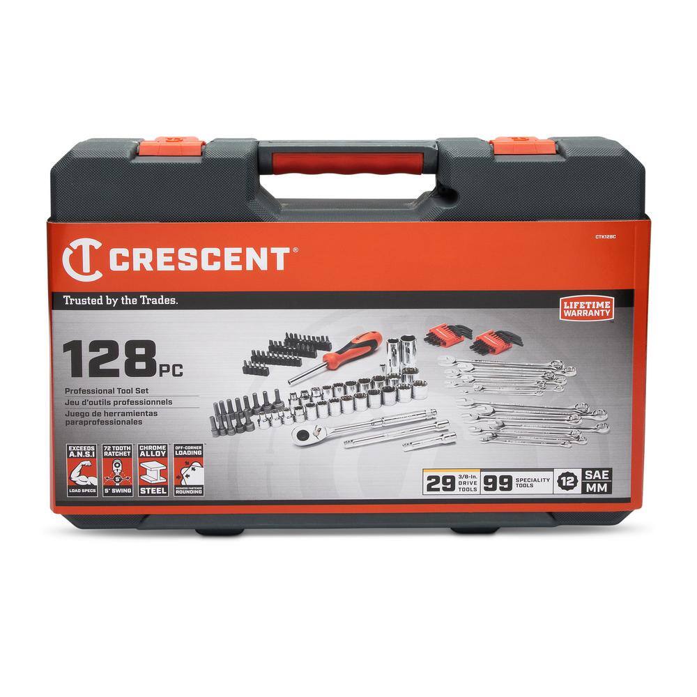 Crescent 38 in. Drive 12-Point Standard SAEMetric Mechanics Tool Set with Case (128-Piece) CTK128C