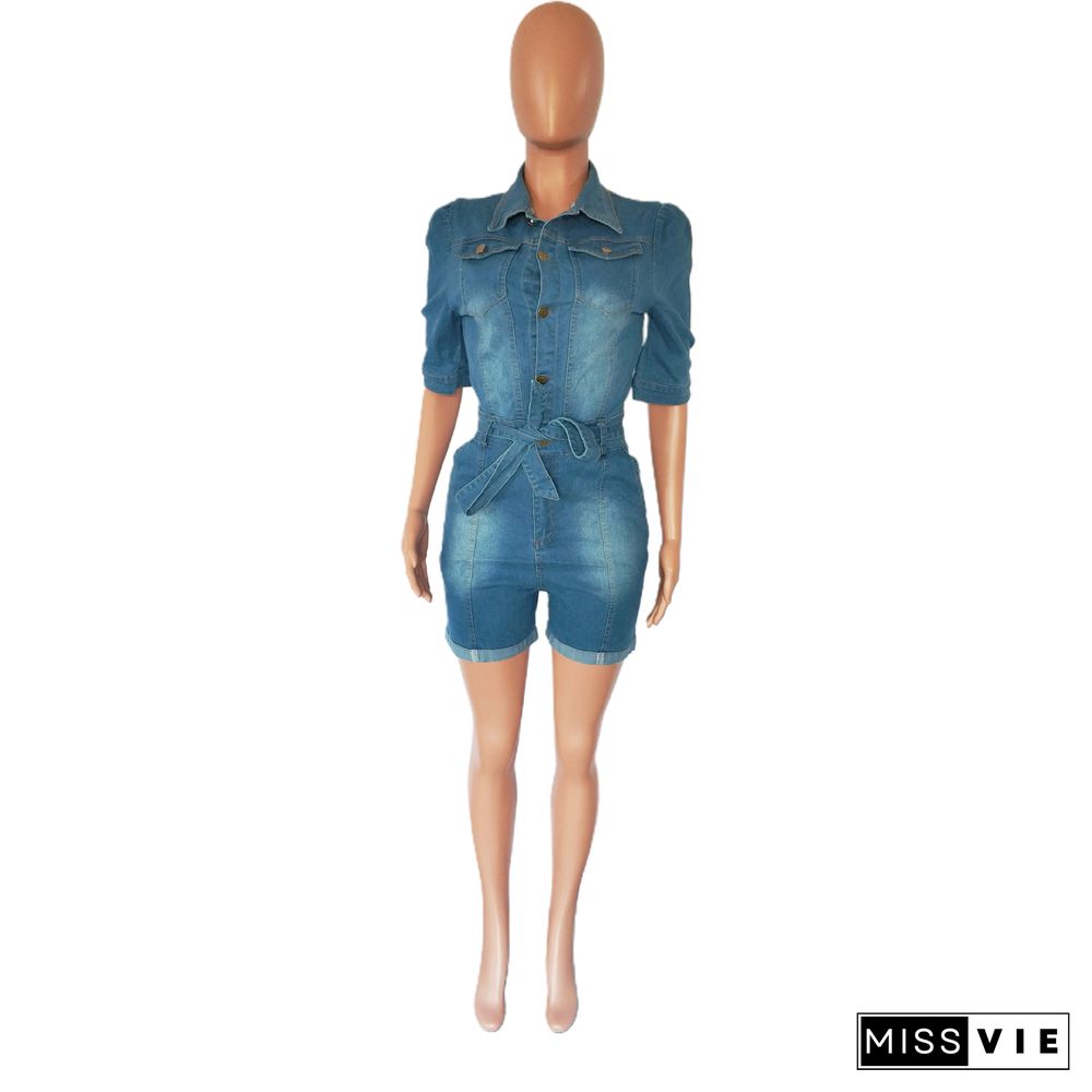 Short Sleeve Turn Down Collar Denim Rompers