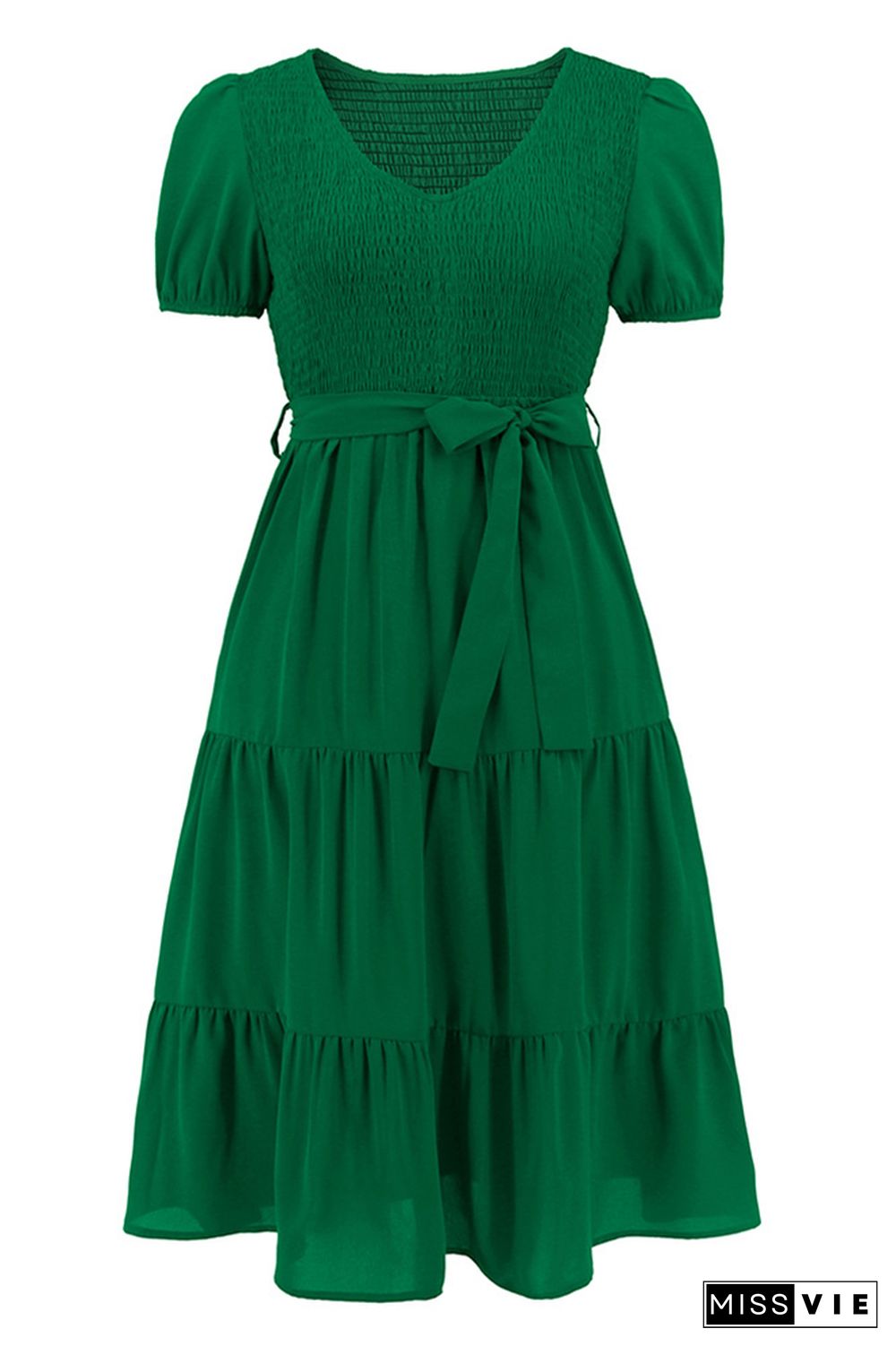 Plain V Neck Smocked Puff Tiered Midi Dress