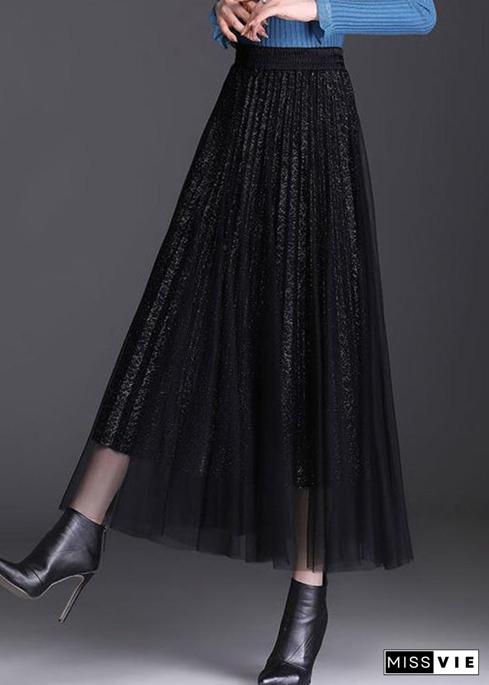 Black Elastic Waist Tulle A Line Skirts Spring