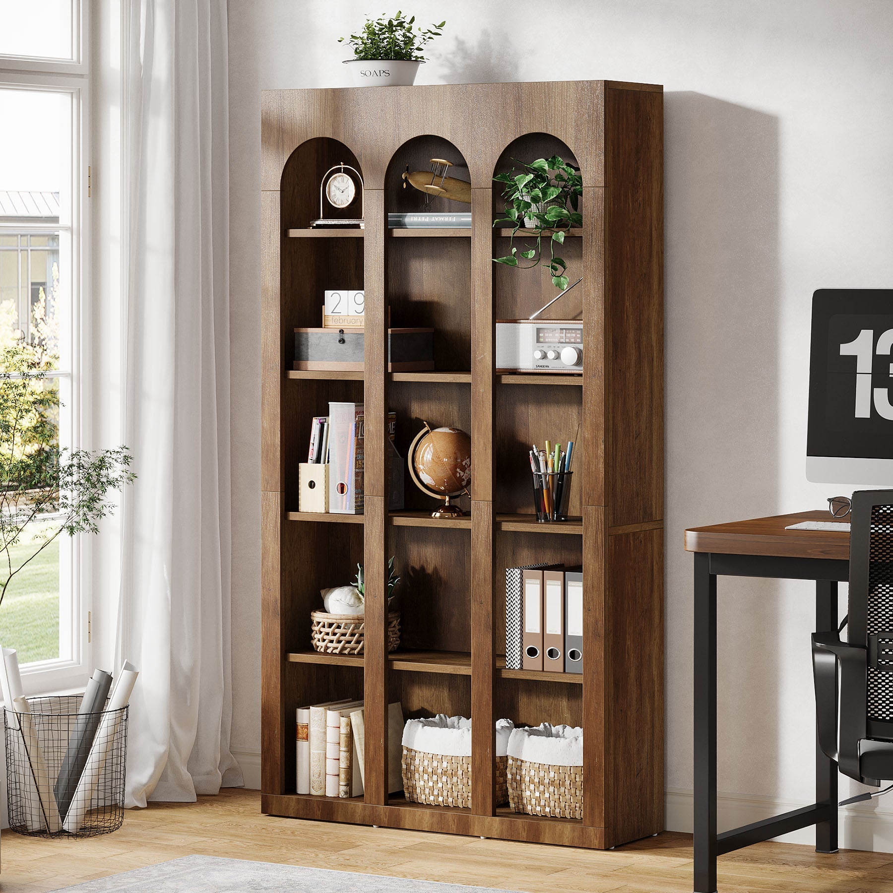 70.8 Wood Bookshelf, 5-Tier Rustic Bookcase Display Storage Shelving Unit