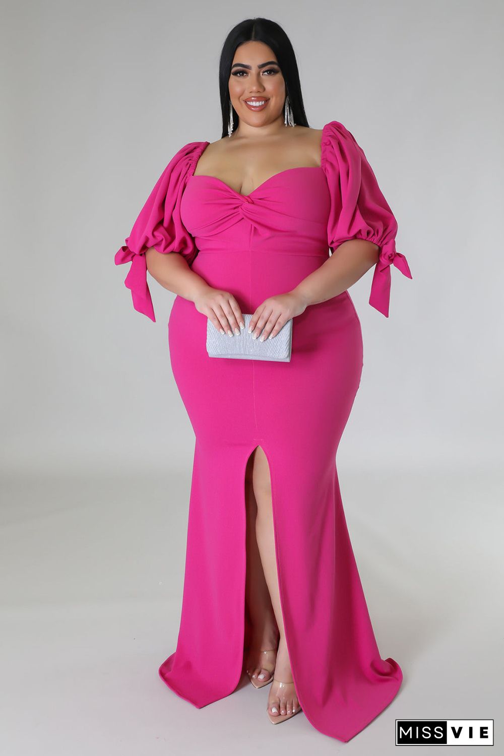 Rose Bow Tie Puff Sleeve Plus Size High Slit Maxi Dress