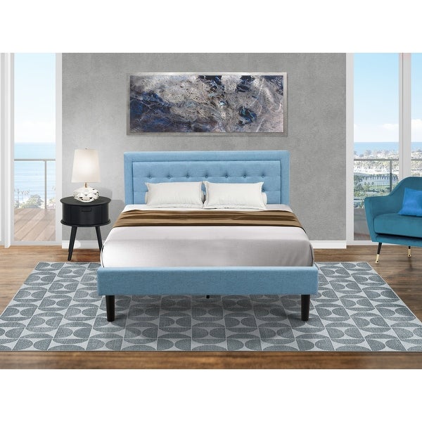 Platform Bedroom Set with Queen Bed and a Wood Nightstand - Denim Blue Linen Fabric ( End Table Pieces Option ) - - 33887615