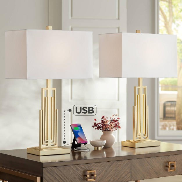 Tall Set Of 2 Gold Metal With Dual Usb Charging Ports White Rectangular Shade For Bedroom Living Room