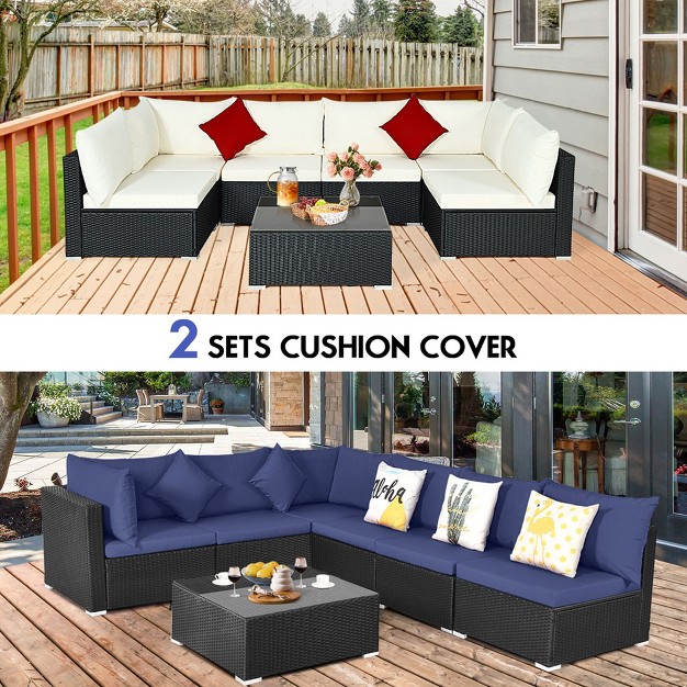 Costway 7pcs Patio Rattan Furniture Set Sectional Sofas Off White amp Navy Cushion Covers