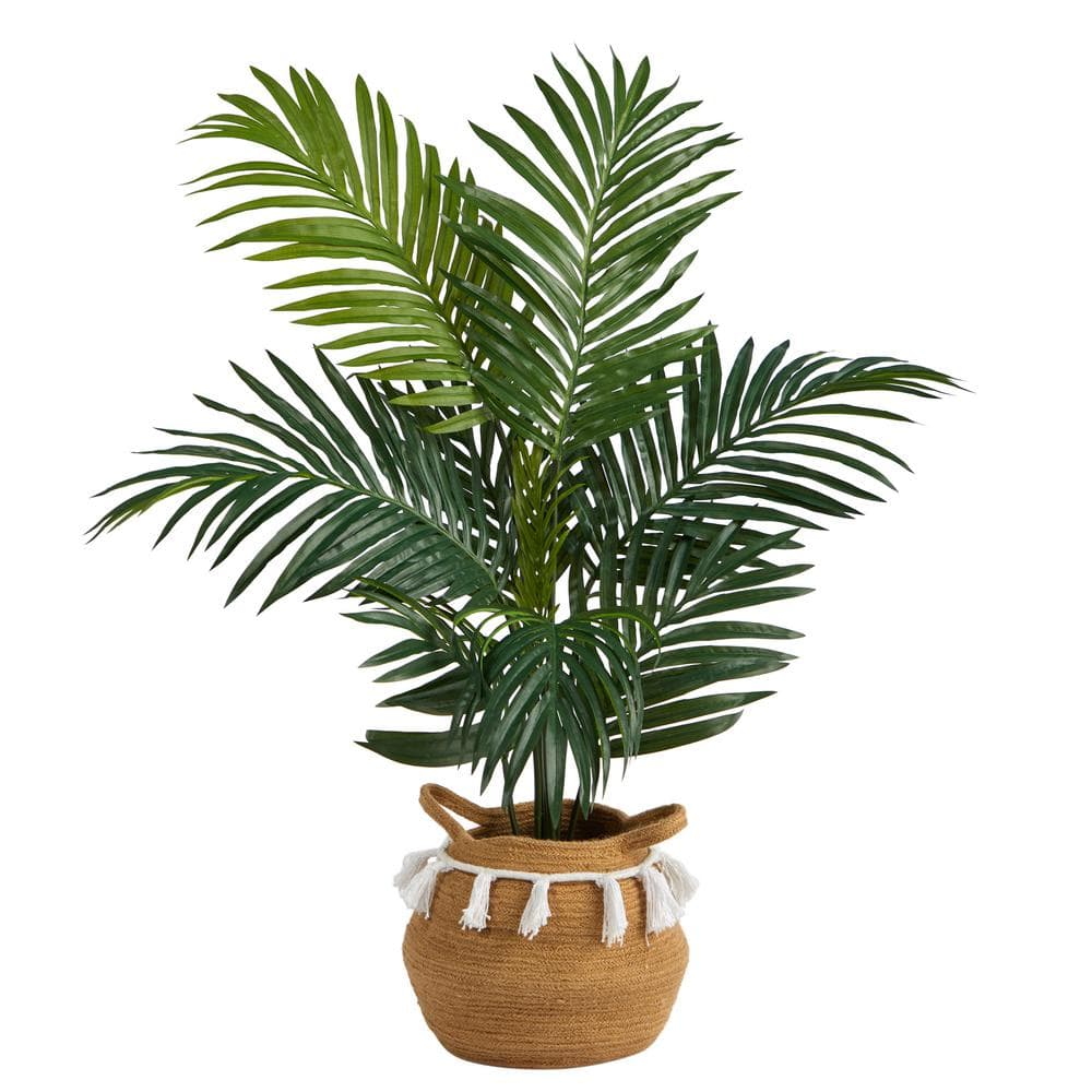 Nearly Natural 4 ft. Green Kentia Palm Artificial Tree in Boho Chic Handmade Natural Cotton Woven Planter with Tassels T2937