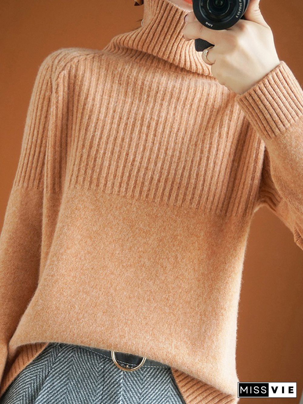 Casual Long Sleeves Loose Solid Color High-Neck Sweater Tops