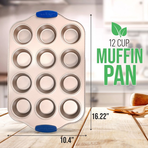 Nutrichef 12 Cup Muffin Pan Deluxe Nonstick Gold Coating Inside amp Outside