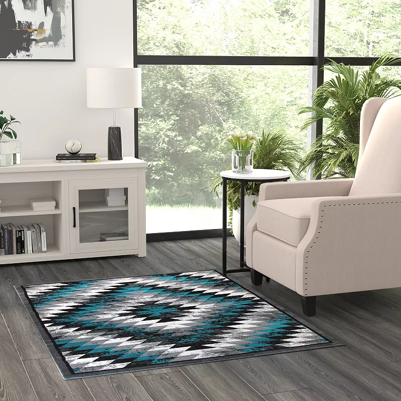 Masada Rugs Masada Rugs Stephanie Collection 4'x5' Area Rug with Distressed Southwest Native American Design 1106 in Turquoise， Gray， Black and White