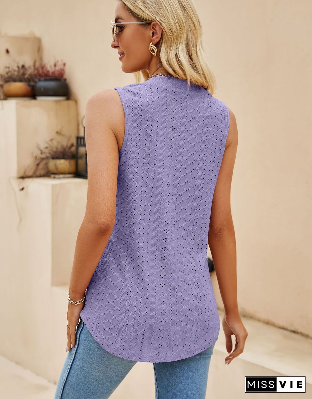 Eyelet Pattern Split Collar Tank Top