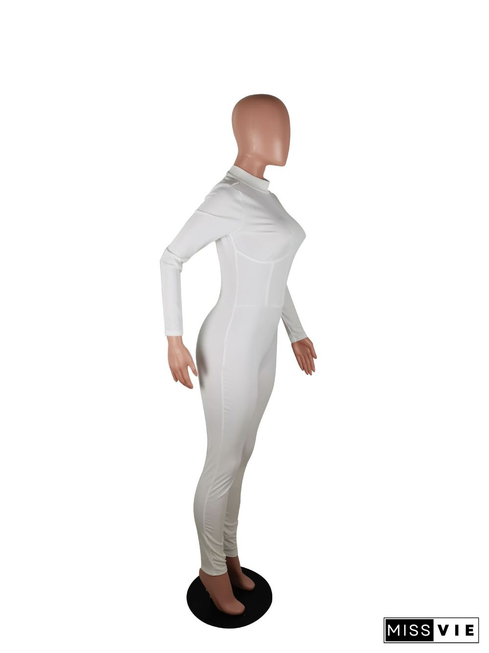 Women's Splicing Collect Waist Long Sleeve Backless Jumpsuit