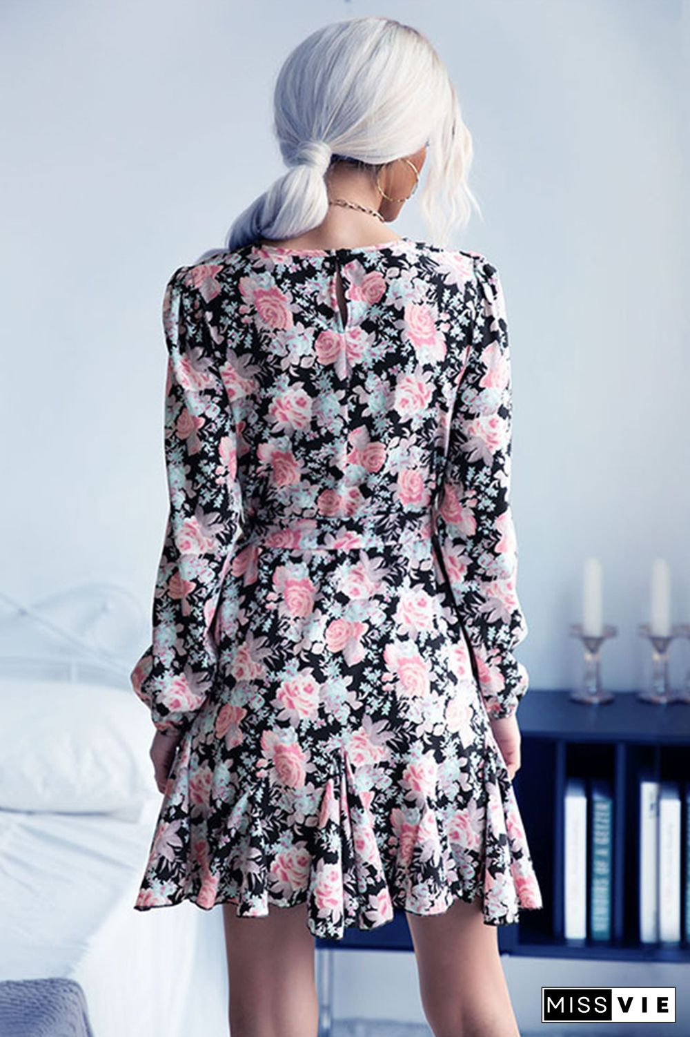 Floral Print Long Sleeve Ruffles Mini Dress Wholesale